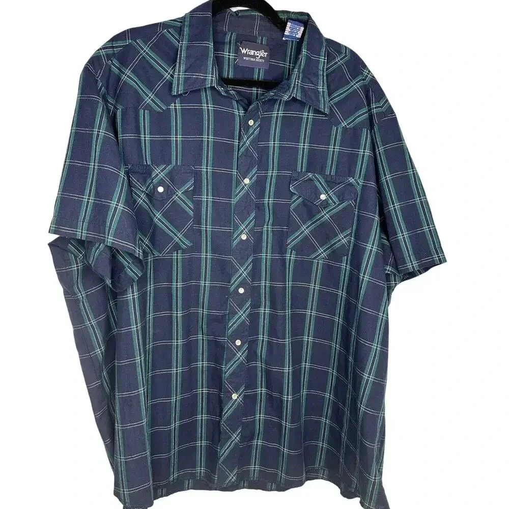 Wrangler Western Pearl Snap Plaid Shirt Size 3XL Plaid Blue Green Cowboy - Picture 1 of 7